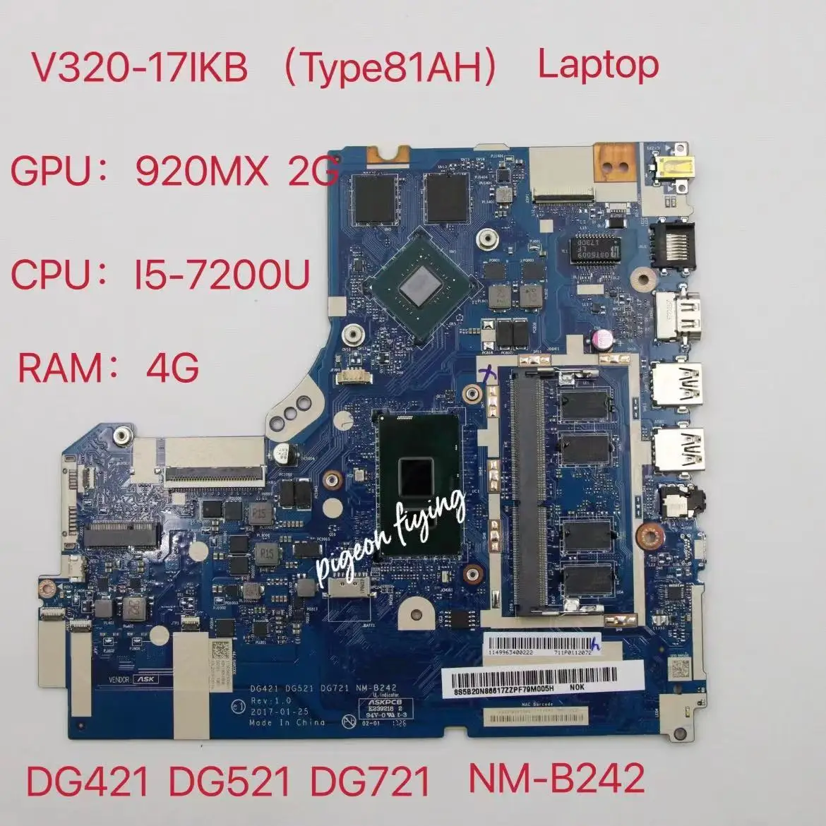 for Lenovo Ideapad V320-17IKB Laptop Motherboard CPU:I5-7200U VGA(2G) RAM:4GB Number NM-B242 FRU 5B20N86617 100% test ok | Компьютеры и