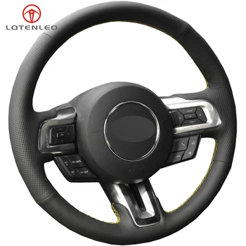 

LQTENLEO Black Artificial Leather Hand-stitched Car Steering Wheel Cover For Ford Mustang 2015-2020 Mustang GT GT350R 2015-2020