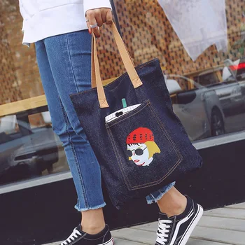 

Simple Casual Wild Denim Canvas Shoulder Bag Large Capacity Durable Shopping Bag Girl Handbag school bag Eco Grocery Totes 2020