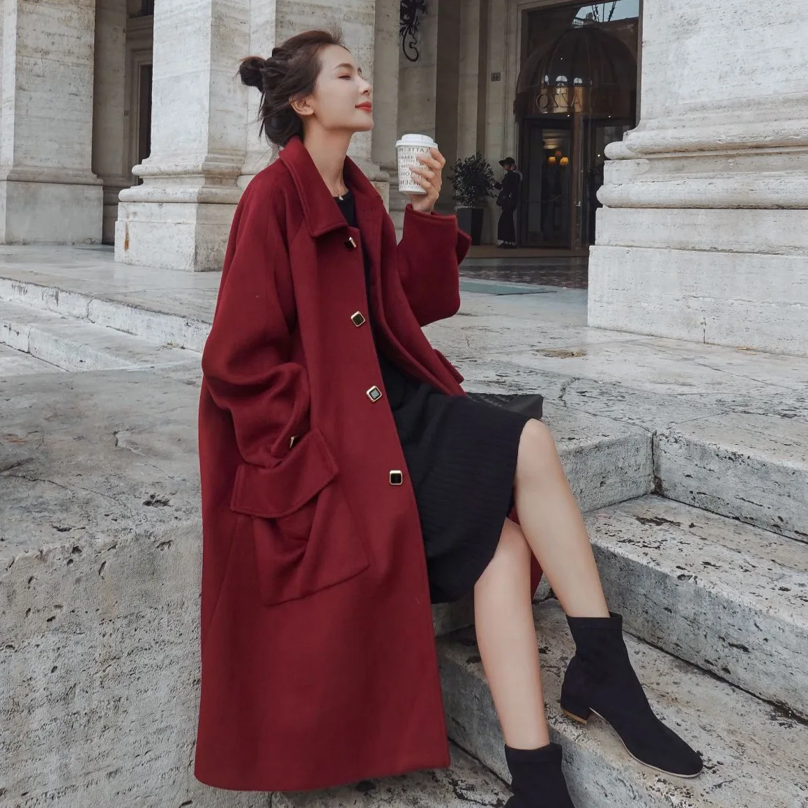 

Photo Shoot CHIC-Salt Sweet Young Wine Mid-length Fold-down Collar Single Breasted Wool Woolen Cloth Coat Women's