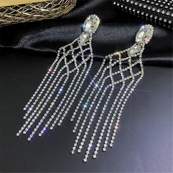 

FYUAN Oversize Long Tassel Crystal Drop Earrings for Women Bijoux Hollow Rhinestone Earrings Statement Jewelry Gifts