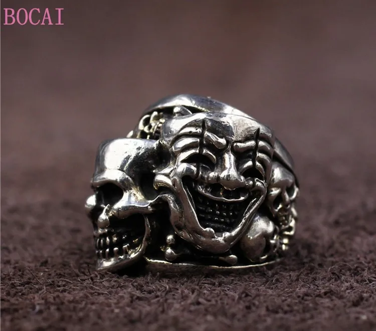 S925 Sterling silver Rings Funny Face Skull Fashion Trendy Punk Domineering Double Ghost Ornaments Pure Argentum Punk Jewelry