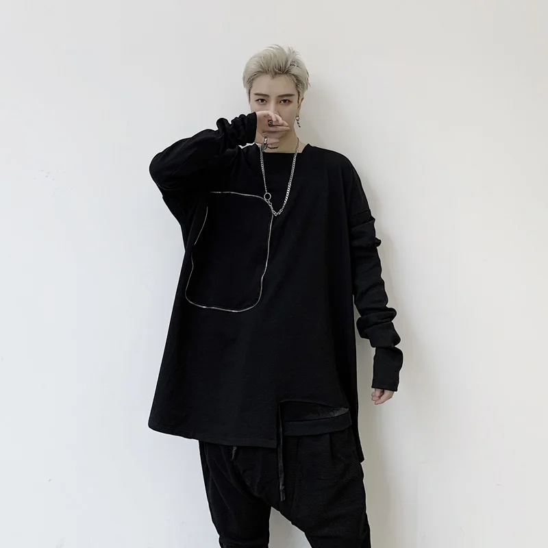 M-XL! Весенняя темная индивидуальная Мужская свободная хип-хоп футболка с длинным рукавом и декоративной молнией