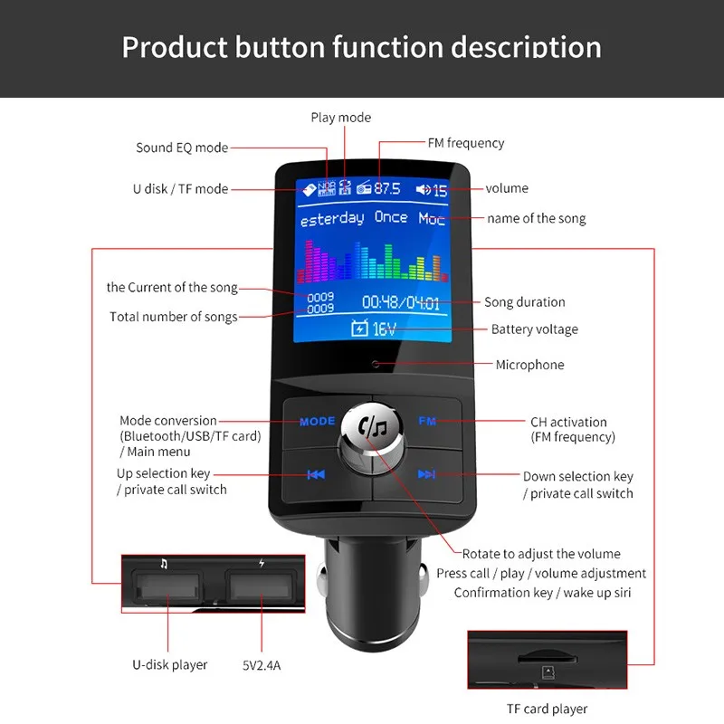 Автомобильный fm-передатчик MP3-плеер Bluetooth беспроводной стерео аудио 1,8 дюймов ЖК-цветной экран громкой связи вызов двойной USB папка плеер