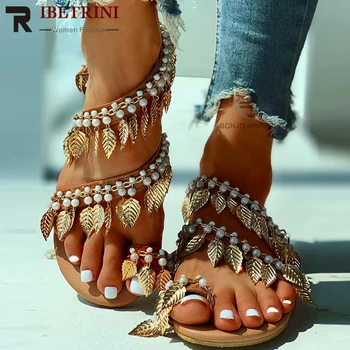 

RIBETRINI Plus Sizes 34-43 Summer Ring Straped Roman Sandals 2020 Fashion Beaded Shoes Woman Casual beach Flip Flop Flat Sandals