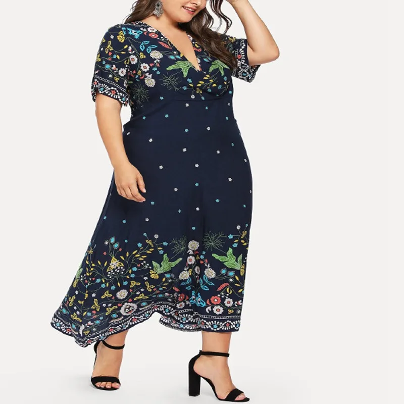 Летнее платье большого размера женское 4XL 5XL 6XL 7XL 8XL сексуальное с глубоким V коротким рукавом позиционирование печати модное платье бюст 132 см