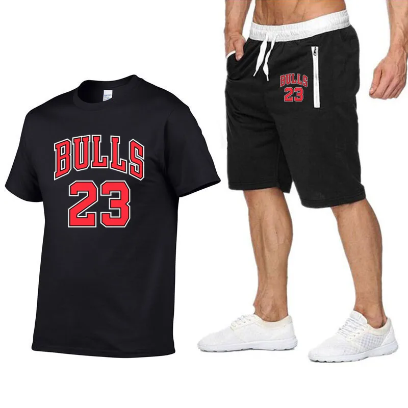 Jordan Новинка bull 23 футболка шорты наборы мужские с буквенным принтом летние костюмы Повседневная мужская футболка брендовая одежда streetwar топы Мужские - Цвет: black-black