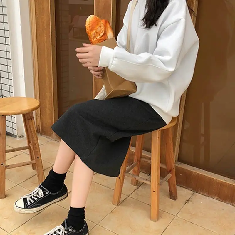New Women Casual Solid Straight Skirts Bottoming High Waist Midi Skirts 2 Colors Autumn Winter Skirts