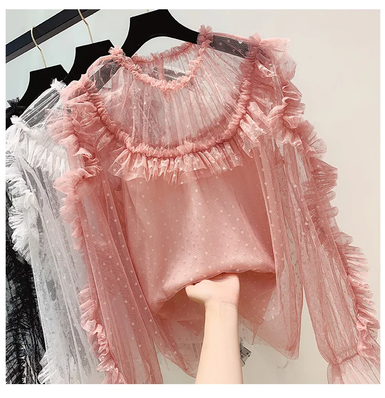Супер фея Кружева рубашка женщина Ранняя осень новая мода пальто с длинными рукавами темпераментная футболка с длинными рукавами Blusa Femme