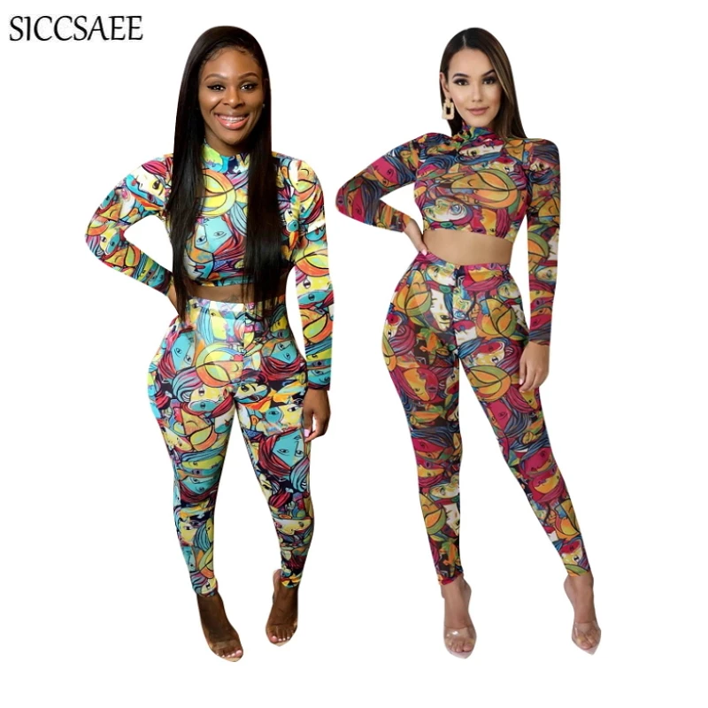 

2020 Spring New Cartoon Printed Bandage Outfits For Women Turtleneck Crop Top And Pants Bodycon Bodysuit Sexy Casual Sweat Suit