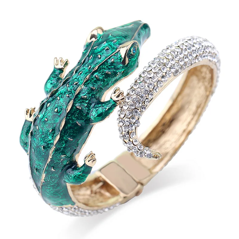 Дизайн преувеличенный Панк Зеленый горный хрусталь крокодил браслет для женщин модный тренд Браслет с надписью воротник Bijoux