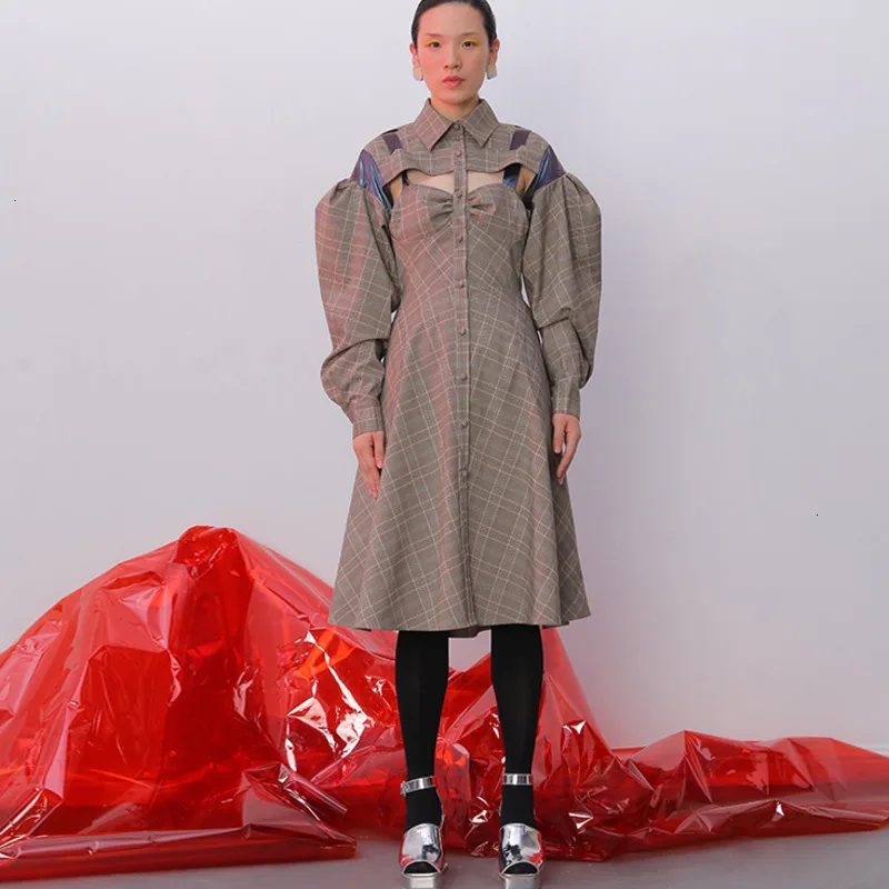 autumn and winter designs new turn-down collar sexy backless plaided lantern sleeves high waist windbreaker L205