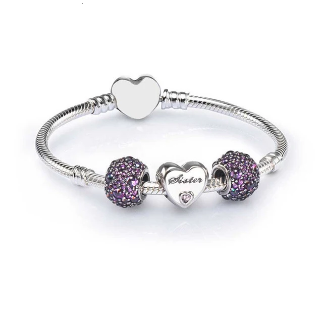 

100% 925 silver sterling sell-sister heart charm bracelet set to fit diy charm original bracelets jewelry a set