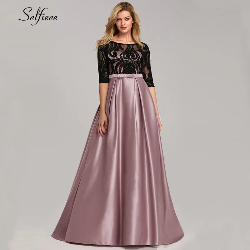 Elegant Dresses A-Line O-Neck Empire Bow Lace Contrast Color Sexy Woman's Dresses Evening Formal Party Gowns Robe ete Femme - Цвет: Dusty Pink