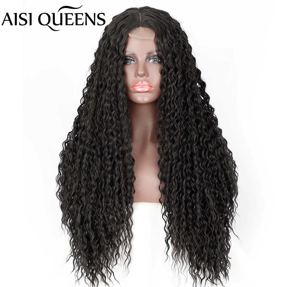 AISI QUEENS Synthetic Wigs Long Curly Black Wig for Black Women Middle Part Hairline High Temperature Fiber