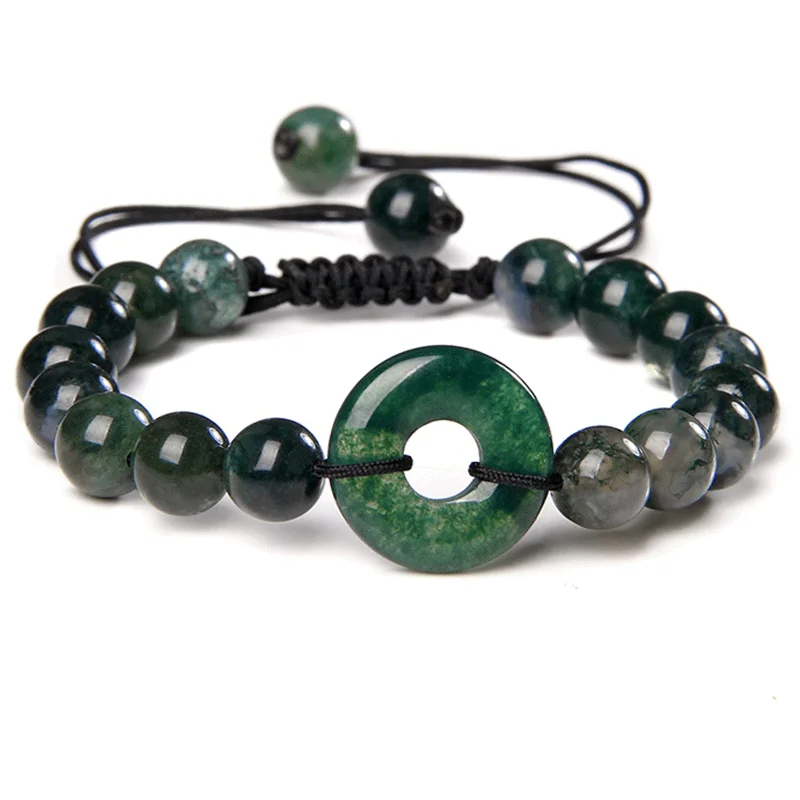 Lucky Stone Bracciali Uomo Natural Moss Agat Bracciale Black Rope Braid Bangle Gioielli Regolabili Donna Reiki Stone Beads Pulsera