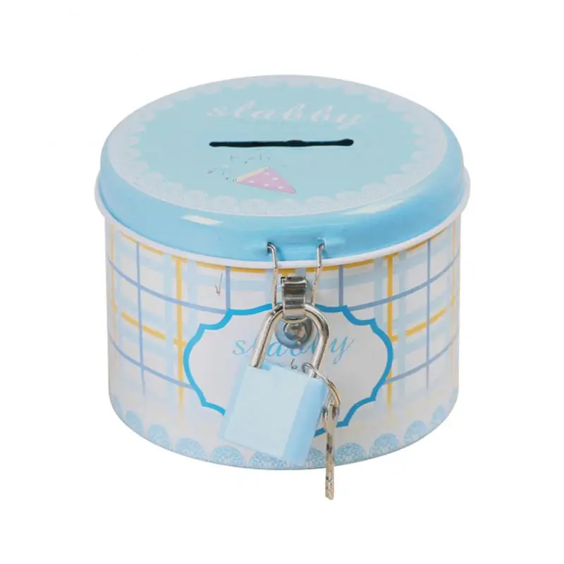 

1PC Round Cute Coin Box Piggy Bank Money Boxes with Lock and Key Metal Cartoon Birthday Gift Money Safe