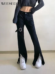 Weekeep gótico básico preto jeans feminino cintura baixa 100% algodão streetwear dividir calças de brim reta com fivela de ajuste de metal