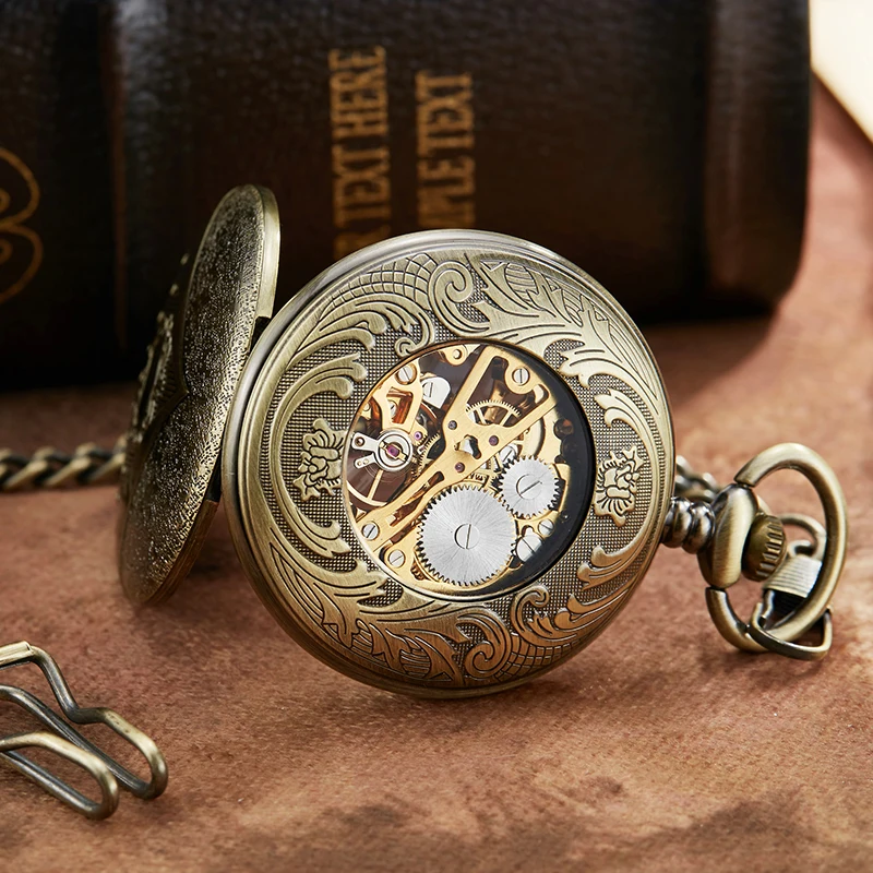 Черные бронзовые полые уникальные скульптурные Механические карманные часы в стиле ретро с римскими цифрами скелетоны Механические карманные часы
