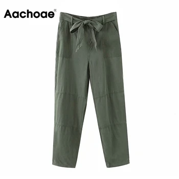 

Women Solid Cargo Pants With Belt Baggy Loose Casual Bottoms Drawstring Pleated Long Trousers Female Work Office Pantalon Mujer
