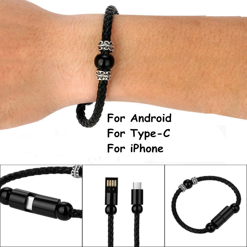 VITOG заряжатель USB браслета кабель для быстрой зарядки Кожаный Плетеный ручной цепи строка данных для Iphone type-C Android