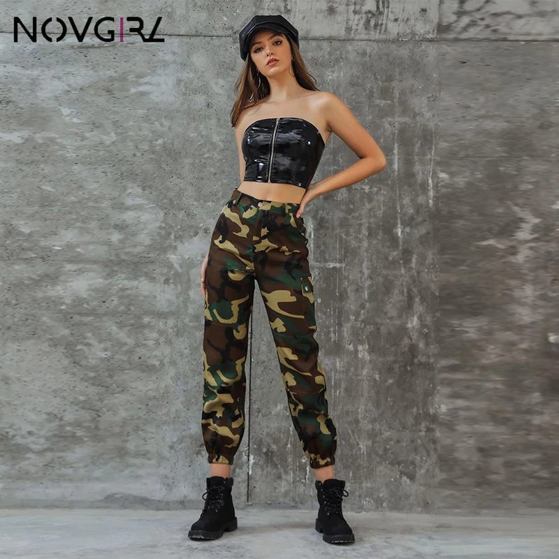 Novgirl/женские сексуальные камуфляжные штаны с высокой талией армейского зеленого цвета, Модные свободные штаны-шаровары с карманами, верхняя одежда, брюки-карго