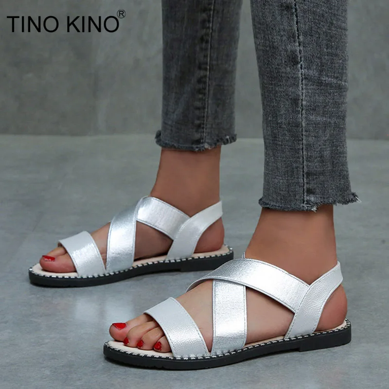 

TINO KINO Women's Sandals Ladies Flat Slip On Shoes Women Glitter PU Leather Woman Open Toe Female Comfort Fashion Summer