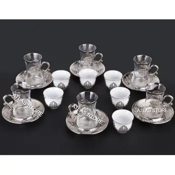 

TURKISH TEA SİLVER PATTERN 6 PERSONALİTY TEA 18 PIECE TEA SET AND WHITE SILVER PATTERNED COFFEE CUP