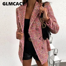 Женский клетчатый твидовый двубортный блейзер с длинным рукавом, тонкое пальто, элегантные офисные женские Рабочие блейзеры, умный повседневный спортивный пиджак