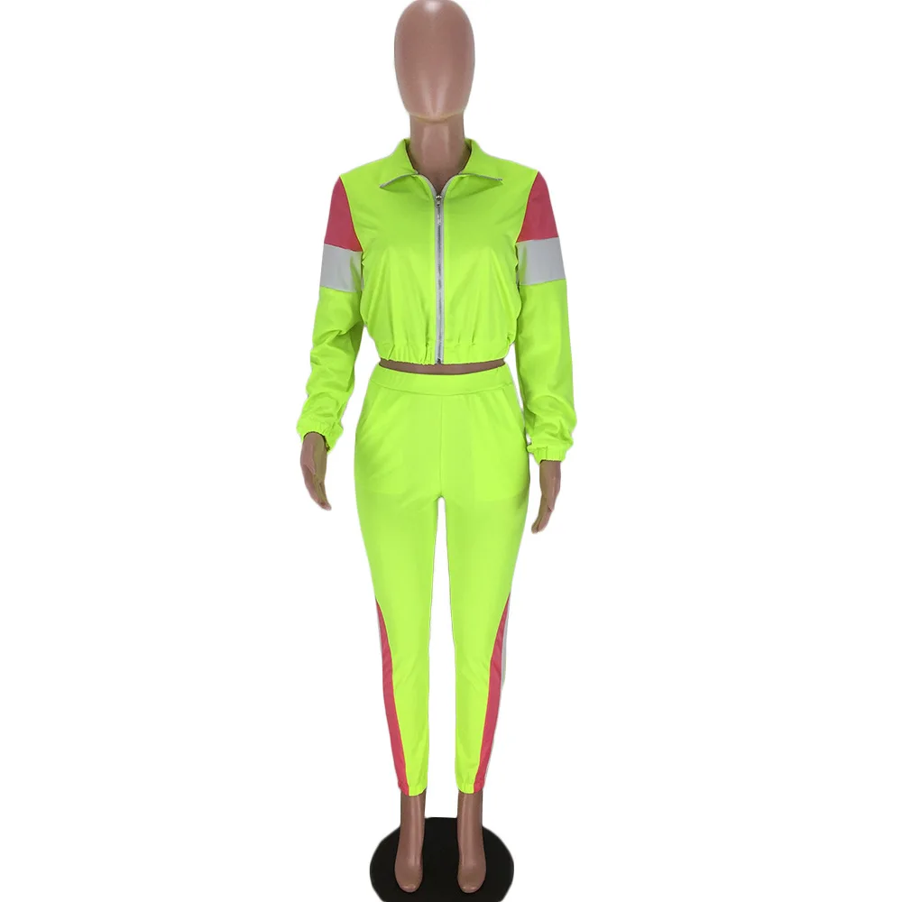 neon green HAOYUAN размера плюс, комплект из двух предметов, женский спортивный костюм, укороченный топ, штаны, спортивный костюм, неоновый зеленый, праздничная одежда, комплект из 2 предметов - Цвет: neon green