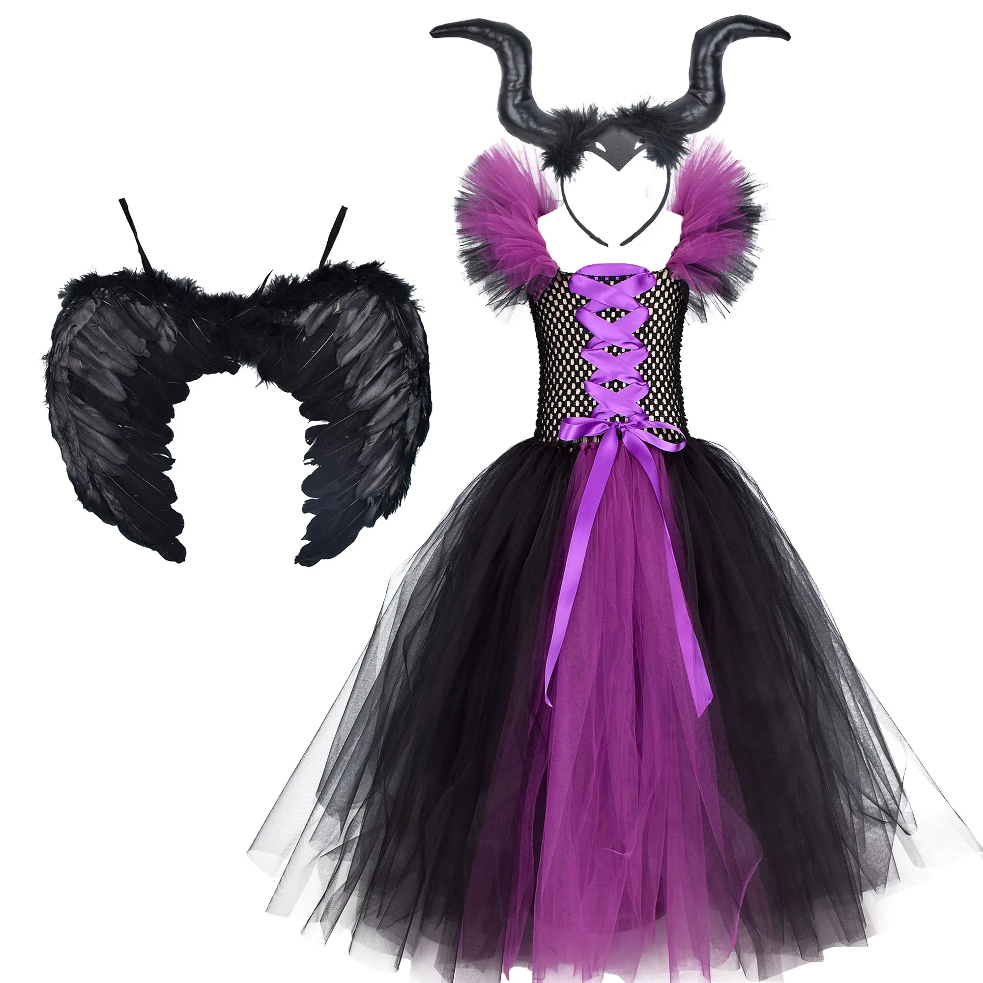 

Maleficent Tutu Dress Black Evil Queen Costume with Horns Wicked Girls Party Tulle Gowns Costume Fancy Dresses