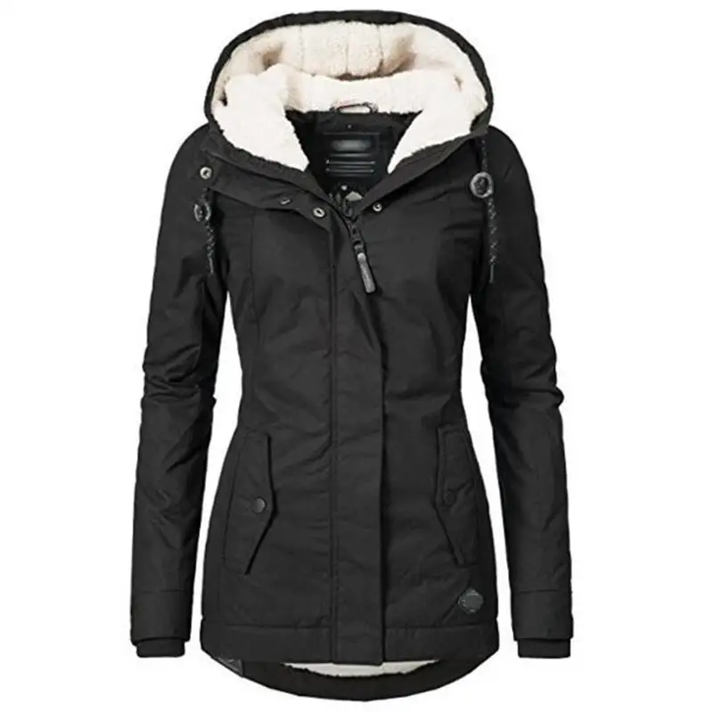 Black Cotton Coats Women Casual Hooded Jacket Coat Fashion Simple High Street Slim Winter Warm Thicken Basic Tops Female - Цвет: Black