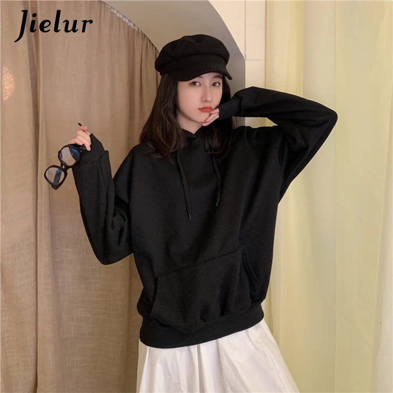 Черный Jielur одноцветные толстовки женские флис зима шикарный свободный теплый толстовка с карманом для женщин Sudadera Mujer новинка черная толстовка с капюшоном - Цвет: Черный