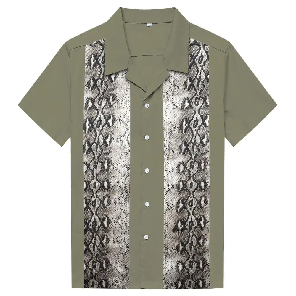Принт змеиной кожи блузка армейский зеленый Винтаж короткий рукав Chemise Homme Мужская Кнопка Вниз Повседневная стильная рубашка - Цвет: ST128Osnake2