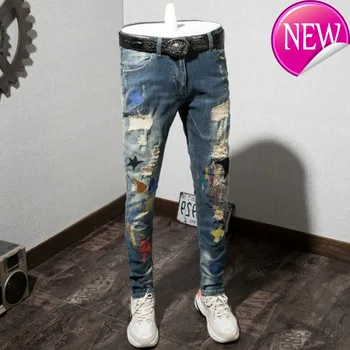 

Man Hole Autumn Jeans Personality Printing Male Pants Trend Directly Cuffless Trousers Elastic Force Leisure Time Pants Trousers