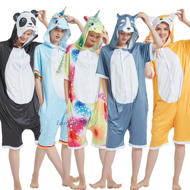 Summer Cartoon Kigurumi Pajamas Animal Pyjamas Women Unicorn Onesies For Adults Sleepwear Jumpsuit Hooded Cat Fox Panda Pijamas