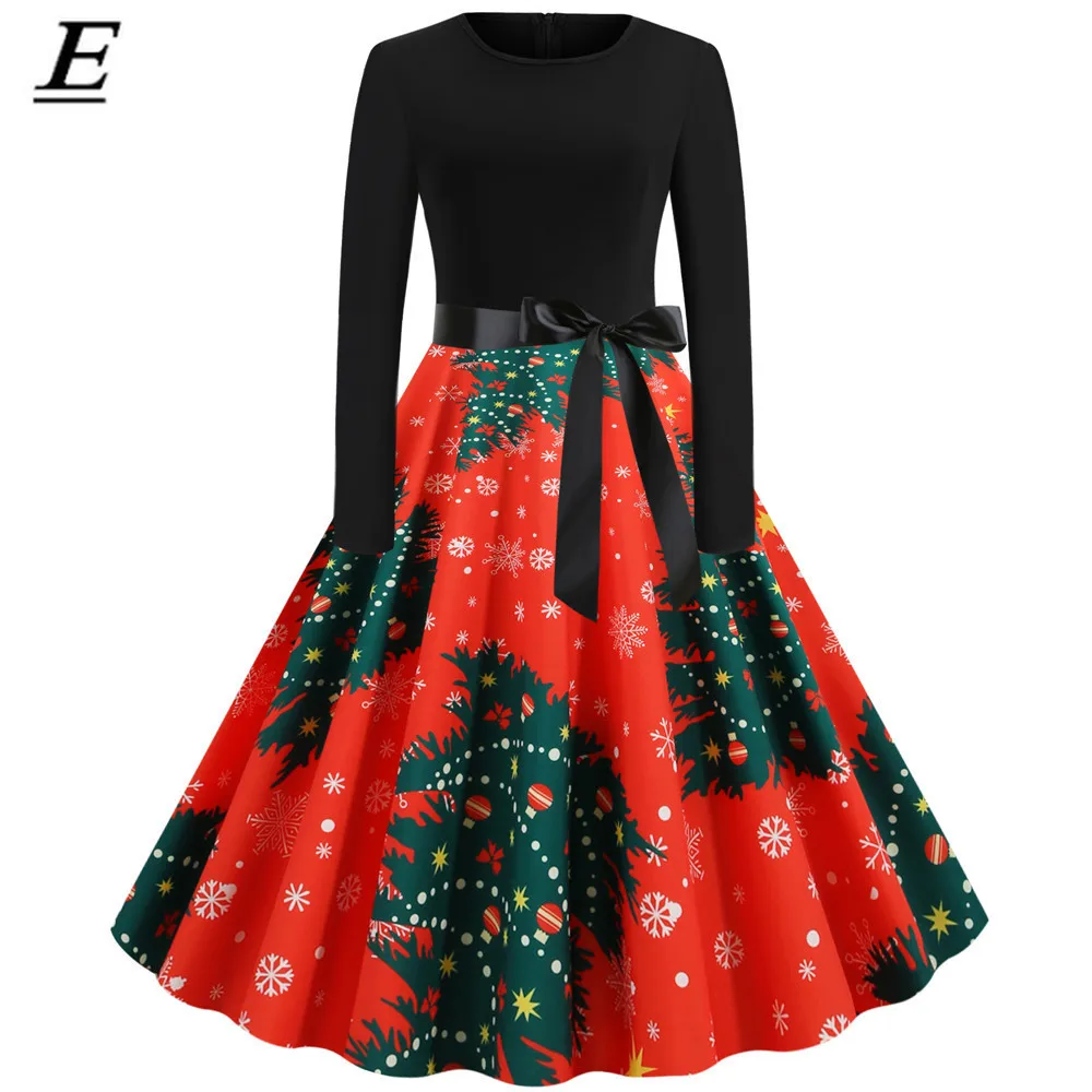 

New Christmas Dress Women Fashion Christmas Tree Print Dress Round Neck Zipper Bow Hepburn Party Dress Robe Pull Femme Hiver