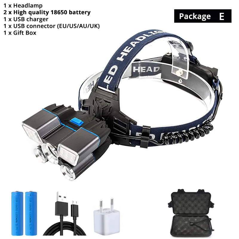 Package E Водонепроницаемый usb зарядный светодиодный фонарь с красными и синими сигнальными огнями 9 режимов супер яркий светодиодный фары для рыбалки охоты - Испускаемый цвет: Package E