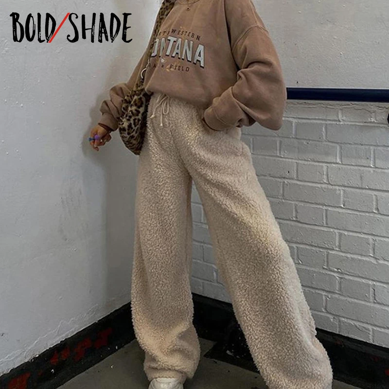 

Bold Shade Skater Style Fuzzy Lazy Pants Women Streetwear Fashion High Waist Baggy Pants Indie Hot Warm Winter Wide Leg Trousers