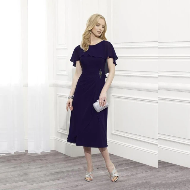 $US $69.55 2020 Latest Affordable Purple Chiffon Tea Length Mother of the Bride Dresses Jewel Neck Wedding Guest Gowns Short Sleeves Beaded