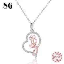 SG 925 пробы, Серебряное сердце, ожерелье с подвеской, розовое Цветочное Ожерелье-цепочка с фианитами, модное ювелирное изделие для женщин, подарки