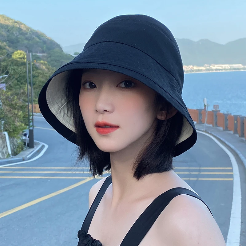 

Spring Summer Bucket Hat For Women Sun Hat Korean Sunscreen Small Brim Fishermen Caps Basin Chapeau Two Side Reversible Panama
