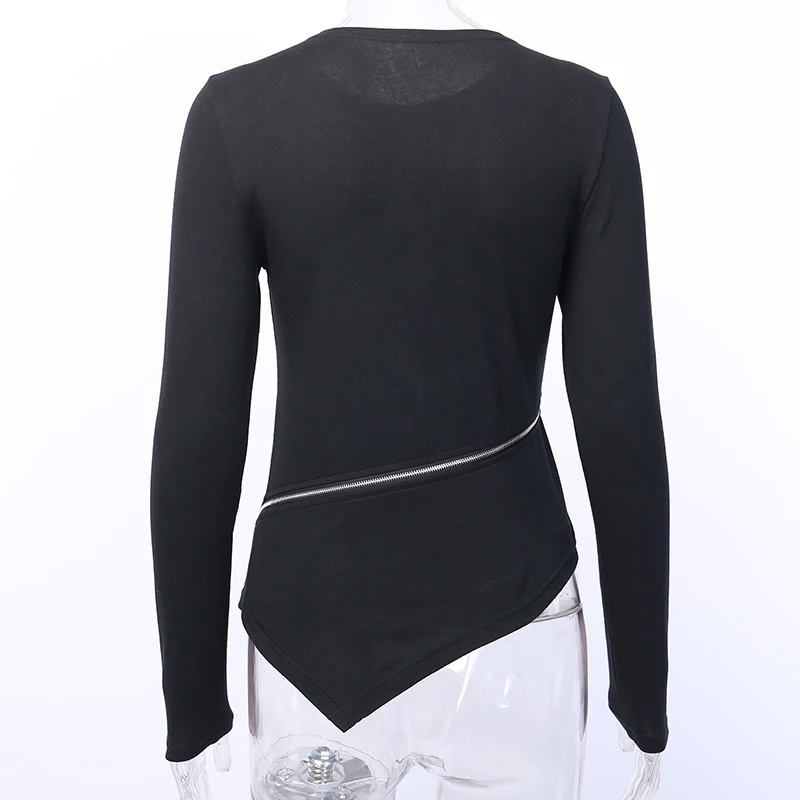 InsGoth женские черные футболки с длинным рукавом готический панк пентаграмма молния Bodycon женские топы уличная мода винтажные повседневные топы