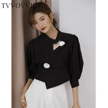 

TVVOVVIN Designer Black Crop Top Women Puff Sleeve Button Long Sleeve Blouse Asymmetrical Ladies Top Button 2020 Clothes EP4M