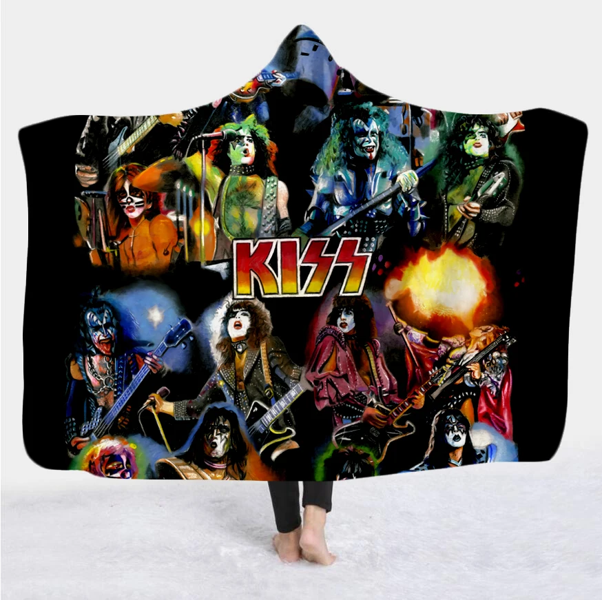 

KISS Hooded Blanket 3D full print Wearable Blanket Adults men women Fleece Blanket Rock Quilt style-2