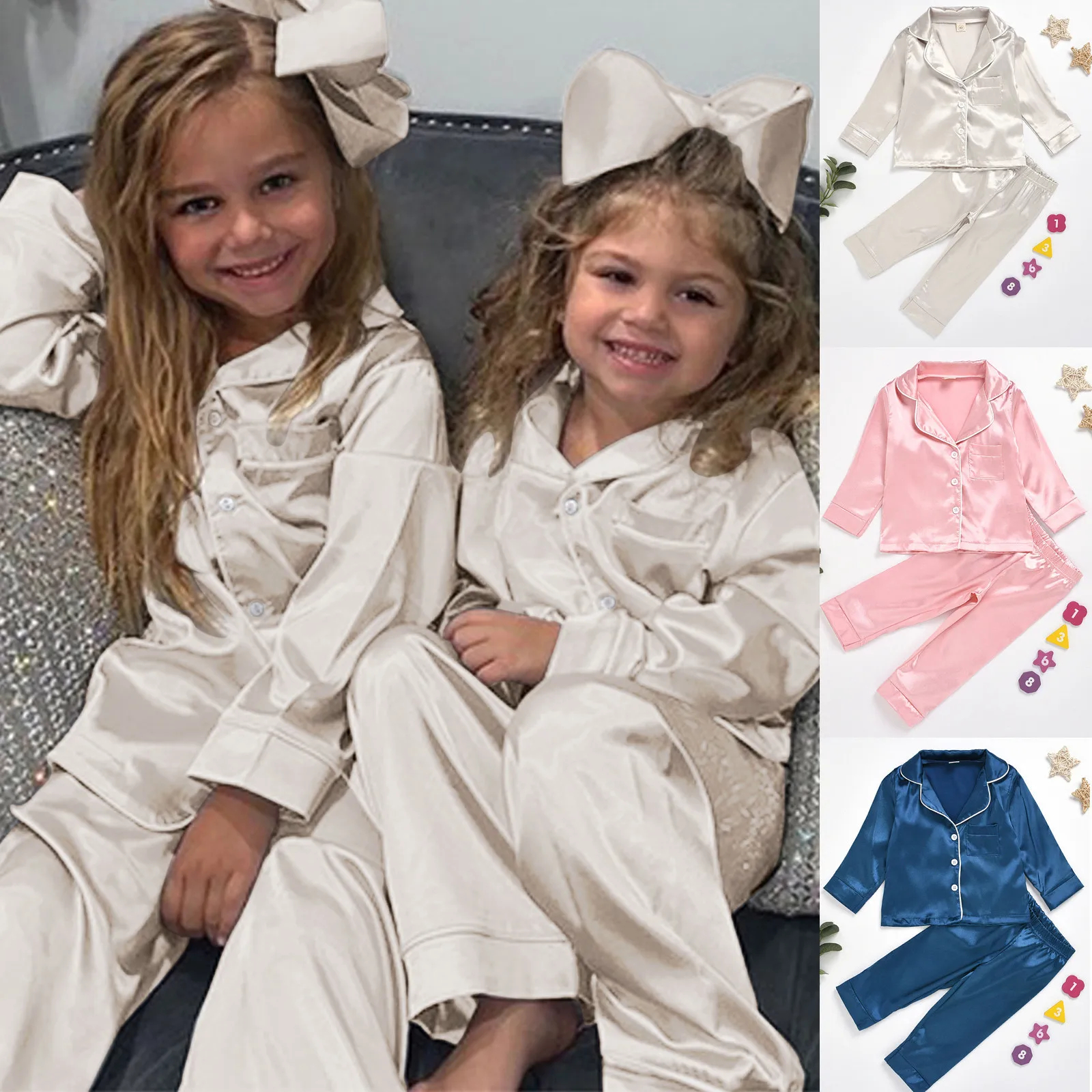 

1-7Years Silk Homewear Toddler Kids Baby Boy Girl Long Sleeve Tops+Pants Pajamas Sleepwear Outfits Set pijamas bebe menina M5