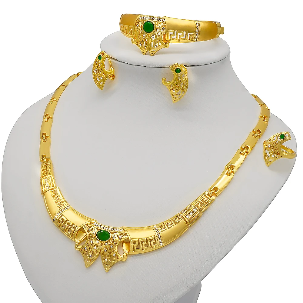 

African 24k gold color jewelry sets for women Dubai bridal wedding wife gifts gem necklace bracelet earrings ring jewellery set