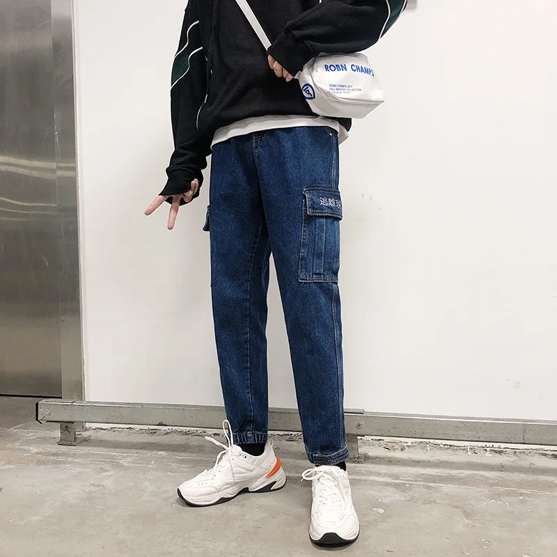 Autumn Jeans Men's Slim Fashion Embroidery Casual Jean Pants Men Streetwear Hip Hop Multi-pocket Tooling Denim Trousers Mens