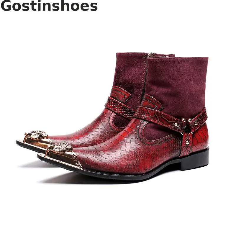 

Snakeskin Pattern Printed Red Genuine Leather Men Motorcyle Boots Pointed Metal Cap Toe Short Boots Fashion Ankle Boots Buckle