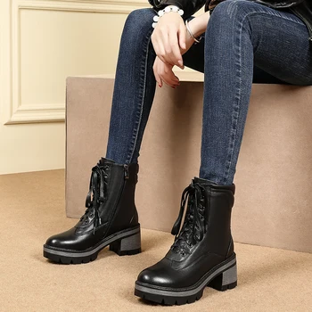 

Autumn Winter Quality Cow Leather Women Ankle Boots Night Club Shoes Woman Zipper Cross Tied Punk Short Boots Size 42 43